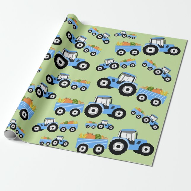 Blue Tractor Truck Farm Produce Wrapping Paper (Unrolled)