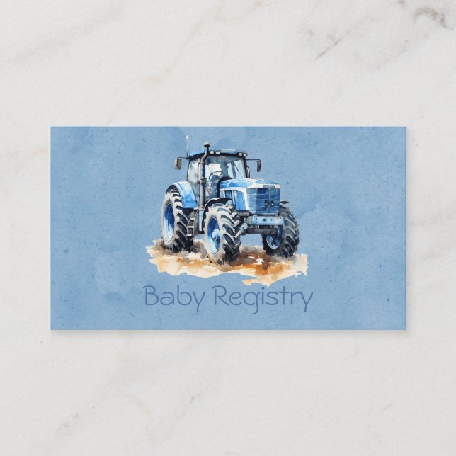 Blue Tractor Watercolor Boy Baby Registry Enclosure Card (Front)