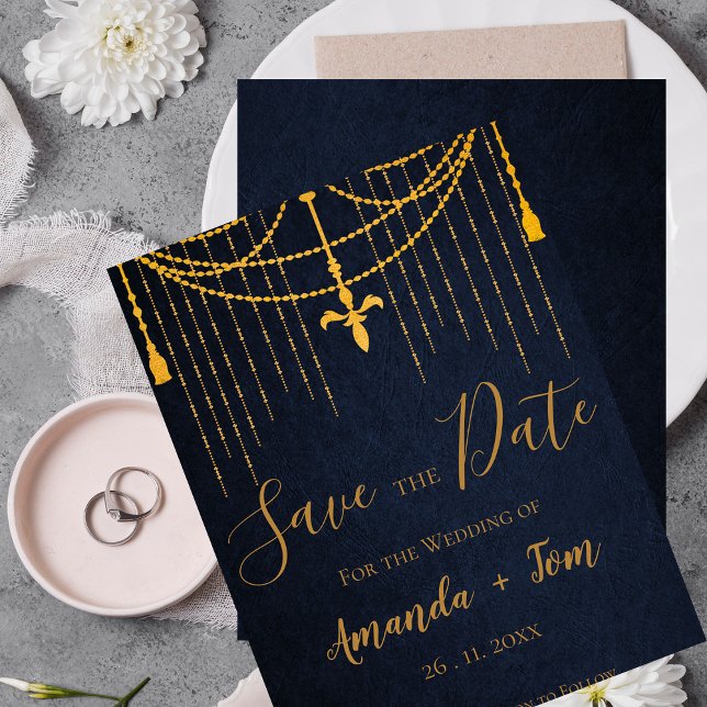 Blue Traditional Gold Twirls Pretty Luxury Wedding Announcement Postcard (Blue Traditional Gold Twirls Pretty Luxury Wedding Announcement Postcard)
