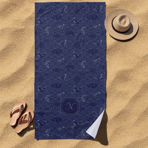 Blue Traditional Japanese Wave Seigaiha Monogram Beach Towel