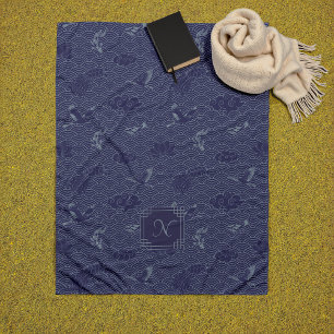 Blue Traditional Japanese Wave Seigaiha Monogram Fleece Blanket