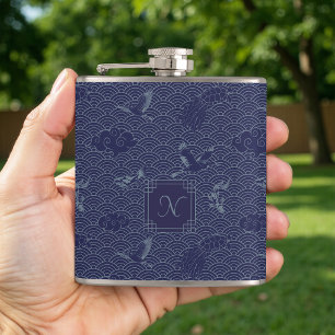 Blue Traditional Japanese Wave Seigaiha Monogram Hip Flask