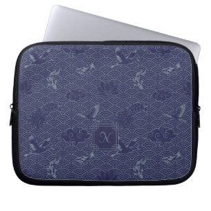 Blue Traditional Japanese Wave Seigaiha Monogram Laptop Sleeve
