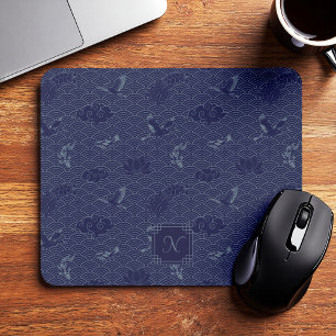 Blue Traditional Japanese Wave Seigaiha Monogram Mouse Pad