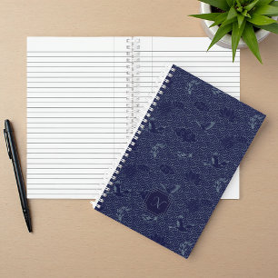 Blue Traditional Japanese Wave Seigaiha Monogram Notebook