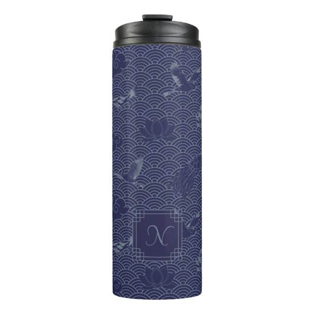 Blue Traditional Japanese Wave Seigaiha Monogram Thermal Tumbler (Front)