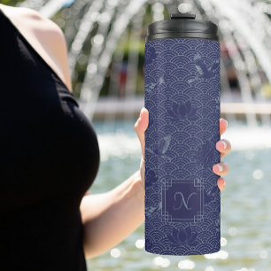 Blue Traditional Japanese Wave Seigaiha Monogram Thermal Tumbler