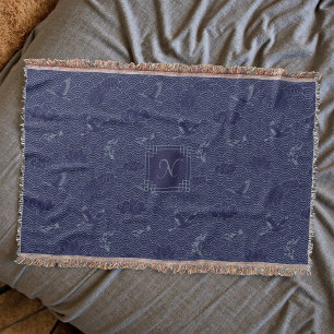 Blue Traditional Japanese Wave Seigaiha Monogram Throw Blanket