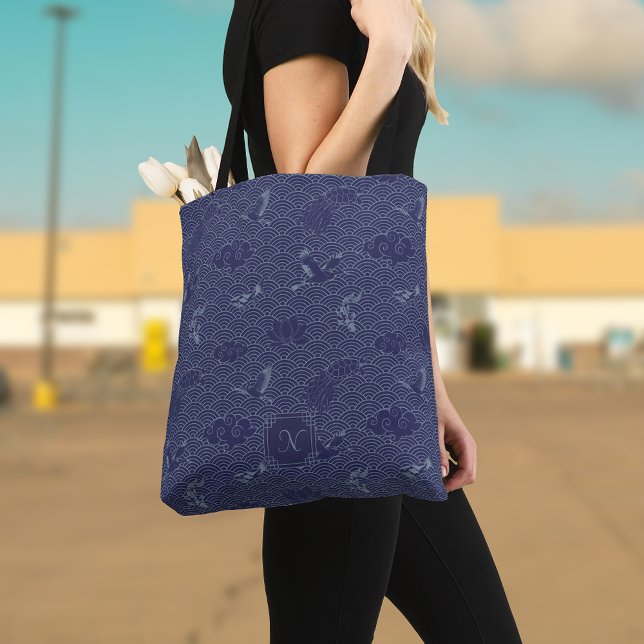 Blue Traditional Japanese Wave Seigaiha Monogram Tote Bag (Creator Uploaded)