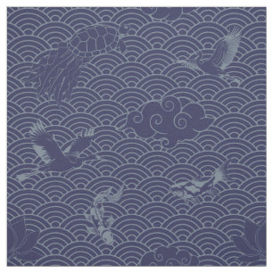 Blue Traditional Japanese Wave Seigaiha Pattern Fabric
