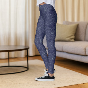 Blue Traditional Japanese Wave Seigaiha Pattern Leggings