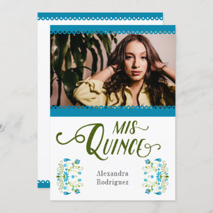 Blue Traditional Mexican Floral Photo Quinceanera Invitation