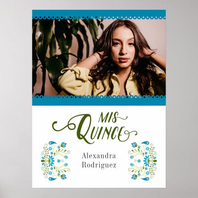 Blue Traditional Mexican Floral Photo Quinceanera Poster (Front)