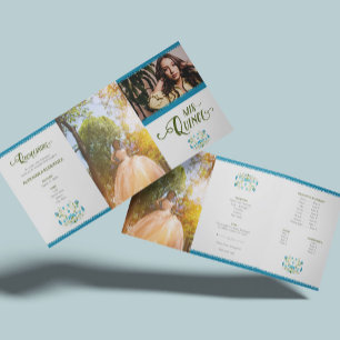 Blue Traditional Mexico Floral Photo Quinceanera Tri-Fold Invitation