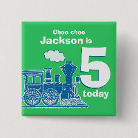 Blue train birthday name and age 5 green badge