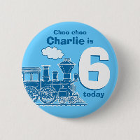 Blue train birthday name and age button / badge