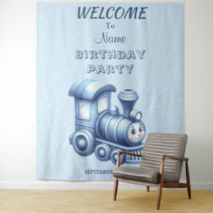 Blue Train Birthday Party Backdrop Tapestry
