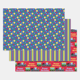 Blue Train Engine and Coal Car Birthday  Wrapping Paper Sheet
