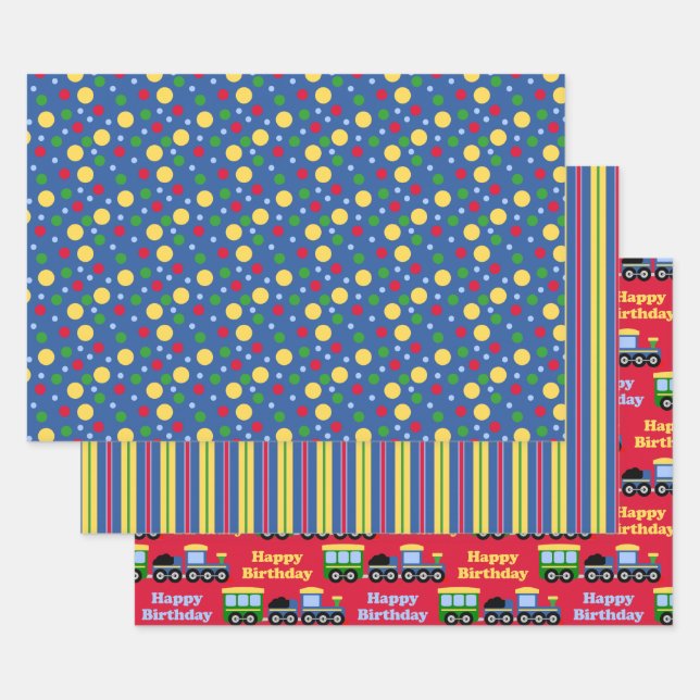 Blue Train Engine and Coal Car Birthday  Wrapping Paper Sheet (Set)