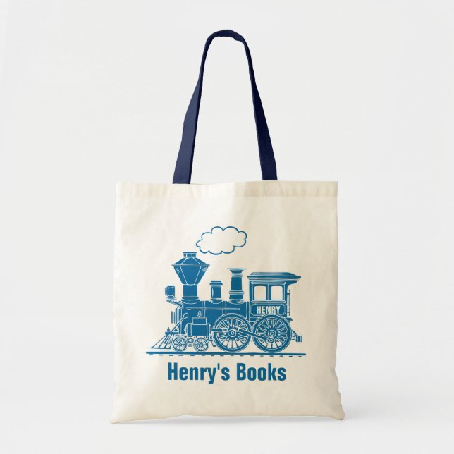 Blue train kids named id library tote bag (Front)