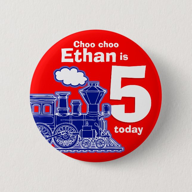 Blue train red birthday name age 5 button (Front)