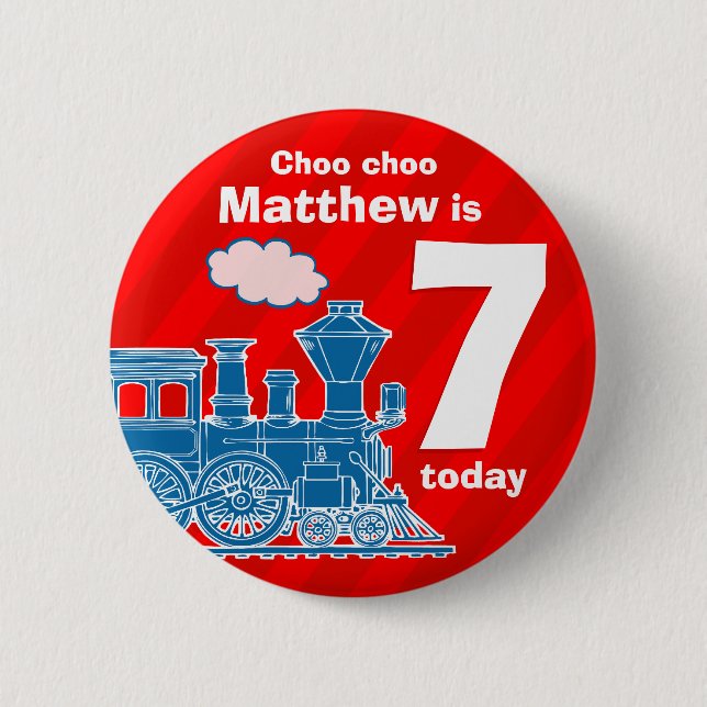 Blue train red birthday name age 7 button (Front)