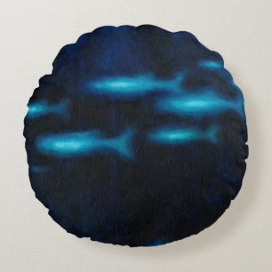 Blue Translucent Fish Silhouettes Round Cushion