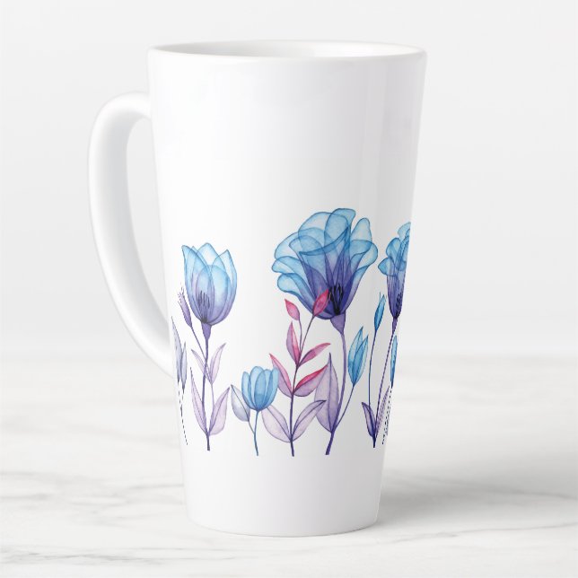 Blue transparent flowers latte mug (Left Angle)