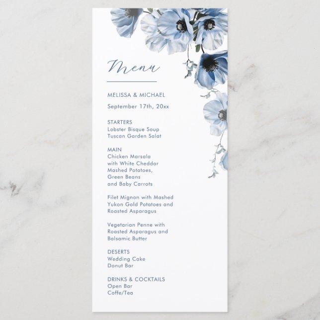 Blue Transparent Flowers Wedding Menu (Front)