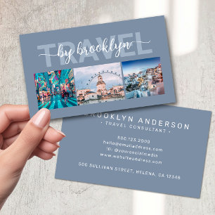 Blue Travel Agent Consultant Photo Collage Business Card