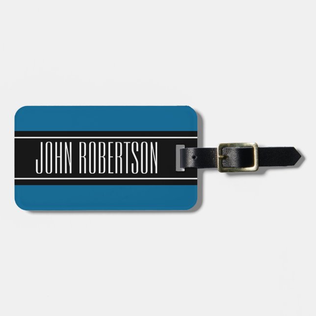 Blue travel luggage tag with custom name monogram (Front Horizontal)
