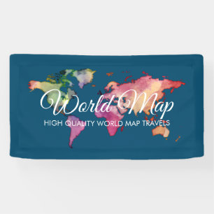 Blue Travel Retro Colourful Watercolor World Map Banner