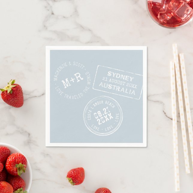 Blue Travel Theme Custom Passport Stamp Wedding Napkin (Insitu)