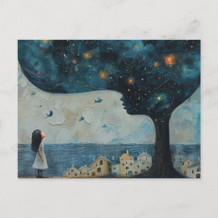 Blue Tree and Amazed Child Little Houses Seaside Postcard