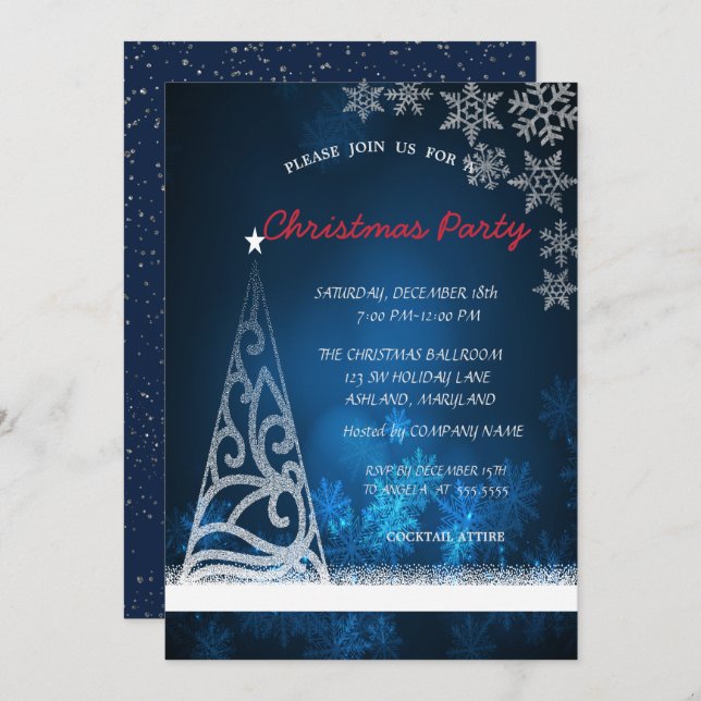 Blue, Tree,Confetti  Corporate Christmas Party Invitation (Front/Back)