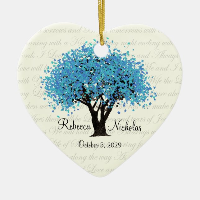 Blue Tree Dancing Blooms Wedding Photo Ceramic Ornament (Front)