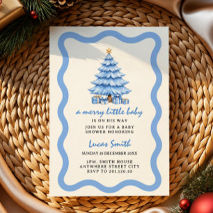 Blue tree merry little baby boy shower invitation