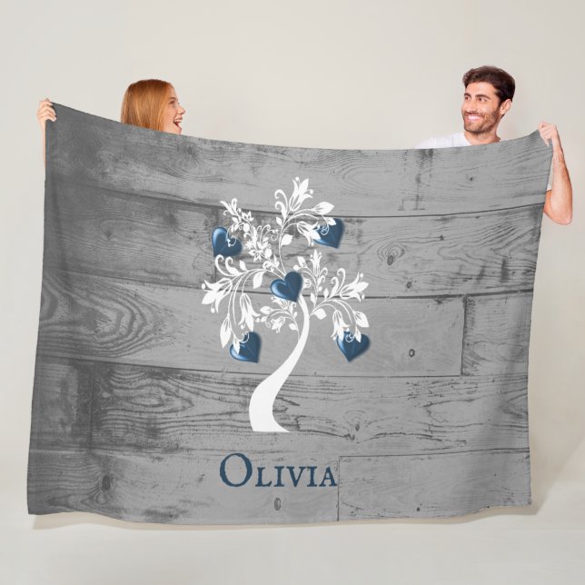 Blue Tree of Hearts Personalised Fleece Blanket (In Situ)