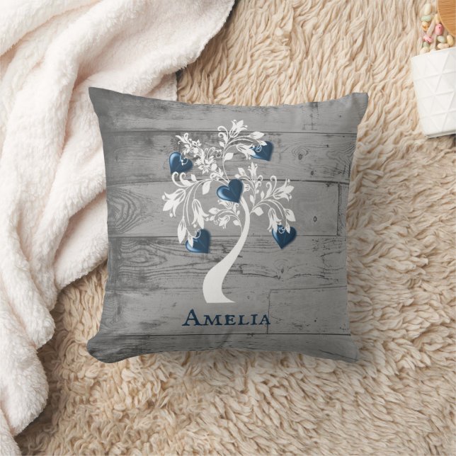 Blue Tree of Hearts Personalised Throw Pillow (Blanket)