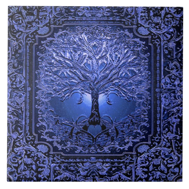 Blue Tree of Life Ancient Rustic Ceramic Tile (Front)