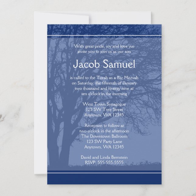 Blue Tree of Life Bar Mitzvah Invitations (Front)
