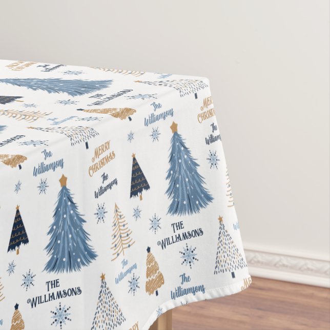 Blue Tree Pattern Modern Christmas Family Name Tablecloth (In Situ)