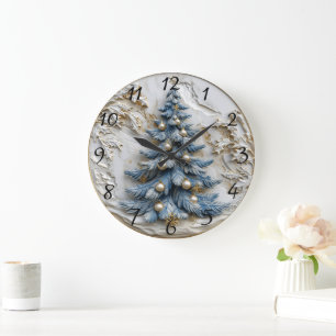 Blue tree with gold ornaments.  large clock