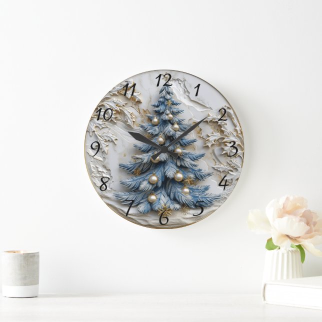 Blue tree with gold ornaments.  large clock (Home)