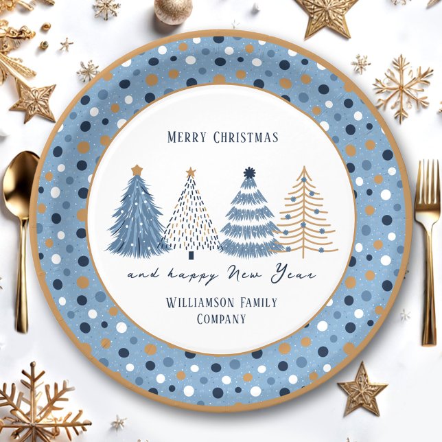 Blue Trees Dots Modern Text Christmas Holiday Paper Plate (Blue Trees Dots Modern Text Christmas Holiday Paper Plates)