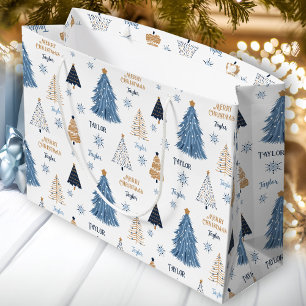 Blue Trees Modern Christmas Name Text Large Gift Bag