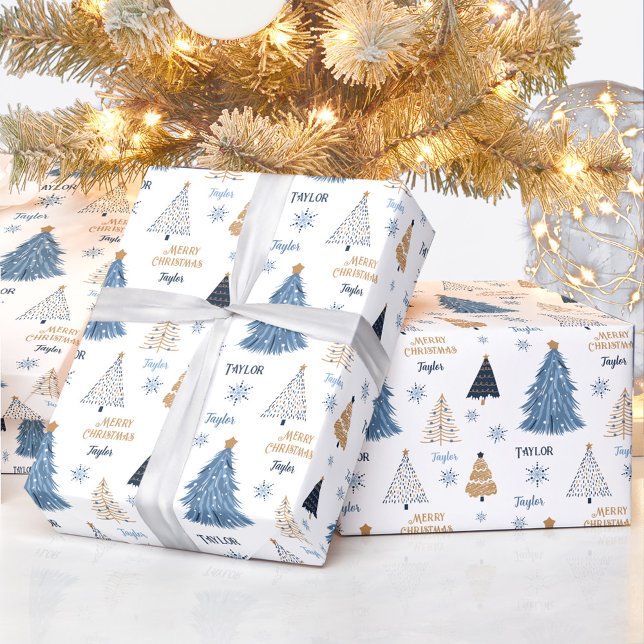 Blue Trees Modern Christmas Name Text Wrapping Paper (Blue Trees Modern Christmas Blue Name Text Wrapping Paper)