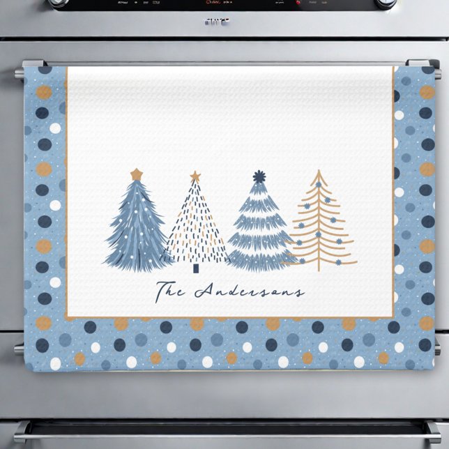 Blue Trees Modern Dots Christmas Holiday Name Tea Towel (Blue Trees Modern Dots Christmas Holiday Name Kitchen Towel)