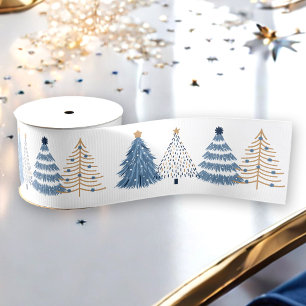 Blue Trees Modern Simple Christmas Holiday Grosgrain Ribbon