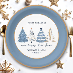 Blue Trees Modern Text Name Christmas Holiday Paper Plate